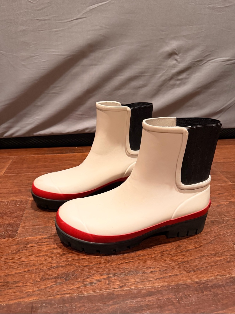 Tory Burch Cream Chelsea Rain Booties with Red Trim
